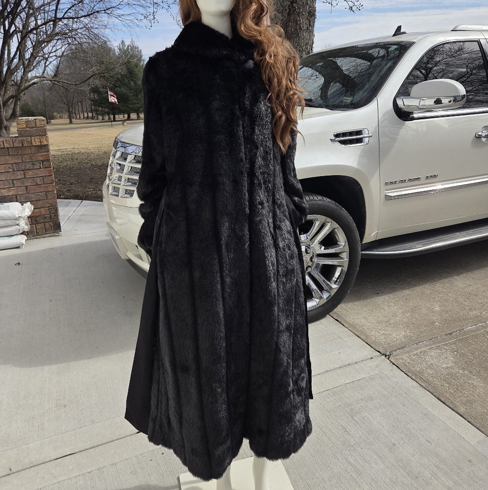 Dennis Basso Platimun Full Length Black Faux Fur Coat